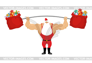 Strong Santa Claus holding barbell and gift bag. - vector clipart