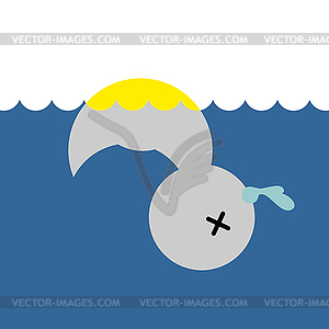 Dead rubber duck. Childrens toy in water - vector image