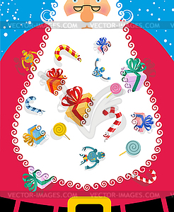 Santa Claus with big white beard. Gifts and toys fo - vector image