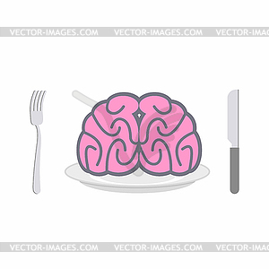 Brain on plate. Cutlery: knife and fork. Allegory o - vector image
