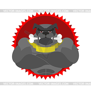 Angry dog Round emblem. Large Bulldog bodybuilder - vector clipart