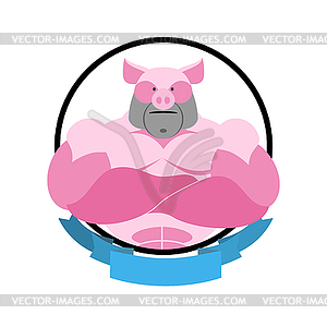 Злой свиньи круглый эмблема. Большой кабан культурист. логотип - цветной векторный клипарт