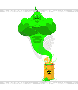 Acid Genie of barrels of toxic waste. Green Magic - vector image