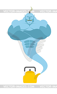 Genie of kettle. Blue Magic spirit fulfills desires - color vector clipart