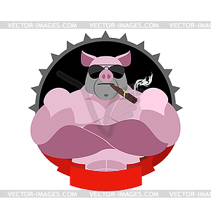 Strong pig in glasses and with cigar. Logo for - color vector clipart