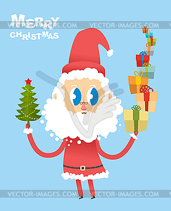 Happy Christmas. Cute Santa Claus holding many gift - vector image