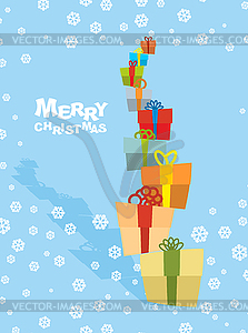 Tower gifts and snowfall. Happy Christmas. Many - vector image
