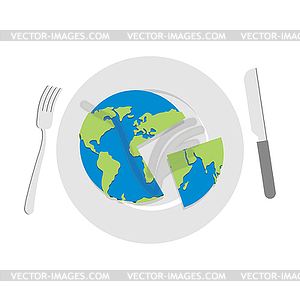 Earth on plate. Globe cut with knife. Cutlery: knif - royalty-free vector image