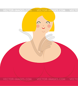 Cheerful woman. Fat girl in pink dress with smile - vector image