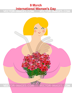 8 March. Girl with flowers. Merry happy women and - vector clip art