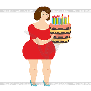 Birthday woman. Fat cheerful girl and cake with - vector image