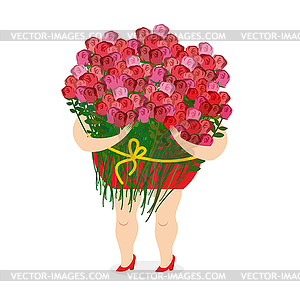 Woman holding large bouquet of roses. Girl and - vector clipart