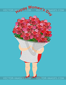 Happy womens day. Girl holds large basket of - vector image