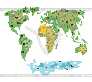 Карта мира с животными и деревьями. географический - векторный клипарт