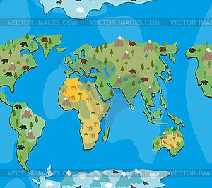 World map with animals and trees seamless pattern. - vector clipart