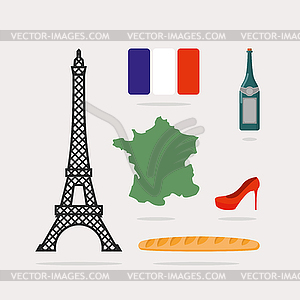 Icons symbols of France. Eiffel Tower and map - vector clipart