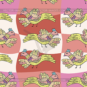 Primitive drawing birds. Cartoon seamless pattern - vector image