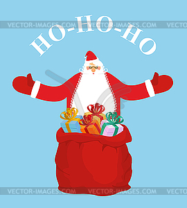 Santa Claus and gift bag. HO-HO-HO. Jolly Santa - vector image