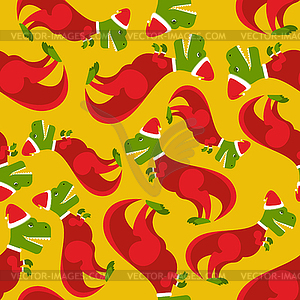 Santa Claus t-Rex. Dinosaur in Santa`s red suit. - vector clipart