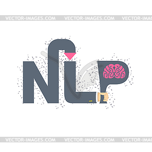 NLP logo and emblem. Hand holding letter with brain - vector clip art