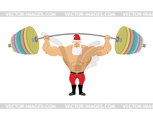 Santa Claus and barbell. Bench press barbell above - vector clipart