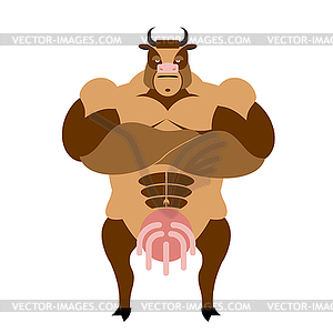 Strong cow on steroids. Beast of anabolics. Farm - stock vector clipart