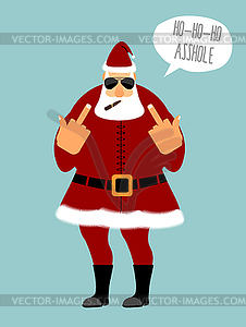 Angry Santa smokes cigar and shows fuck. HO HO HO i - vector image