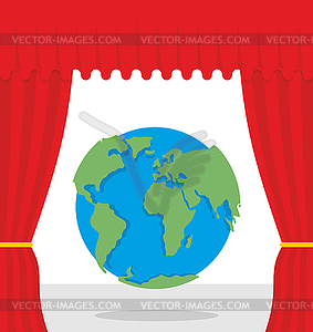 World scene. Red curtain opens Earth. Theatrical - vector image