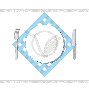 Cutlery top view. Blank White Plate, fork and - vector image
