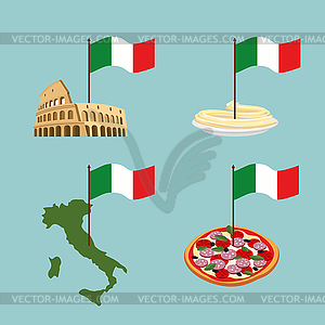 Set icon Italy. Flag and map, pasta and pizza - vector clip art