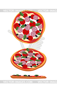 Pizza with tomatoes and sausage. Food top view, sid - vector clip art