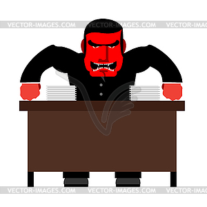 Angry boss. Chief Red with anger at table. Head of - vector clipart