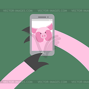 Selfie makes pig. Farm animal photographs - vector EPS clipart