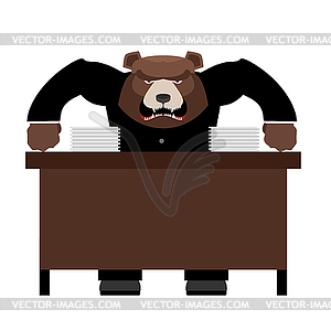 Angry Boss bear scolds. Wicked head yelling at - vector image