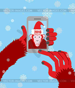 New year selfie. Monkey hooded Santa Claus makes - vector image