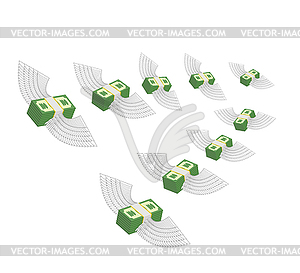 Flying winged money. Profit decreases. Loss of cash - royalty-free vector image