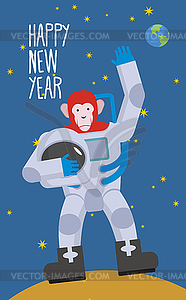 Red Monkey astronaut waving hand. Happy new year. - vector clip art