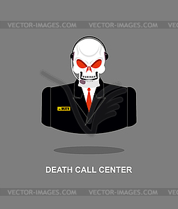 Death Call Center. Skull with headset. Skeleton in - vector image