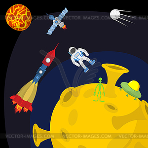 Space landscape: Moon and alien. UFO and rocket. - vector image