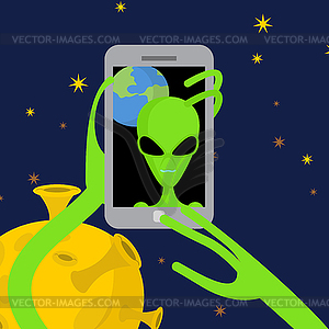 Alien makes selfie in space. Space alien takes - vector clipart