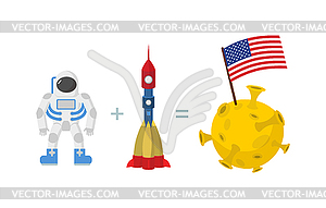 First Astronaut on moon. American flag on moon. - vector image