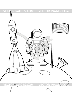 Astronaut with flag on moon. Space rocket ship - vector image