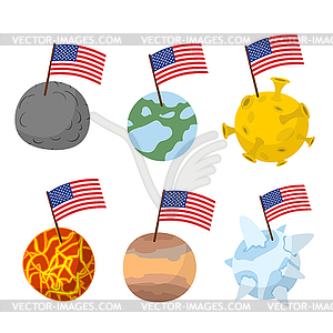 Planets of solar system with flag of America. - vector clip art