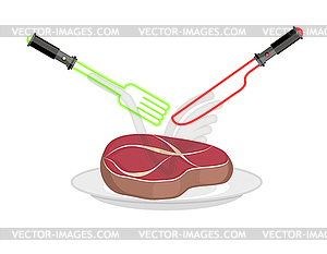 Fork and knife of light. Lightsaber as cutlery. - vector image