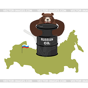 Barrel of oil on background maps of Russia. Flag - vector image