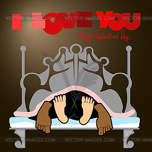 Valentine`s Day Card. Man and woman On bed - vector clipart