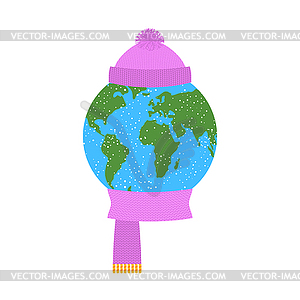 Earth winter. Planet in knitted hat and scarf. - vector clipart