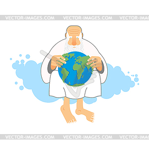 God holds Earth. Old man sits in heaven keeps plane - vector image