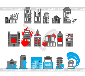 Set building disasters destruction. Flood and fire - vector clipart