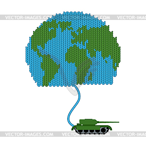 Tank dissolves knitted world. To wage war. Start - color vector clipart